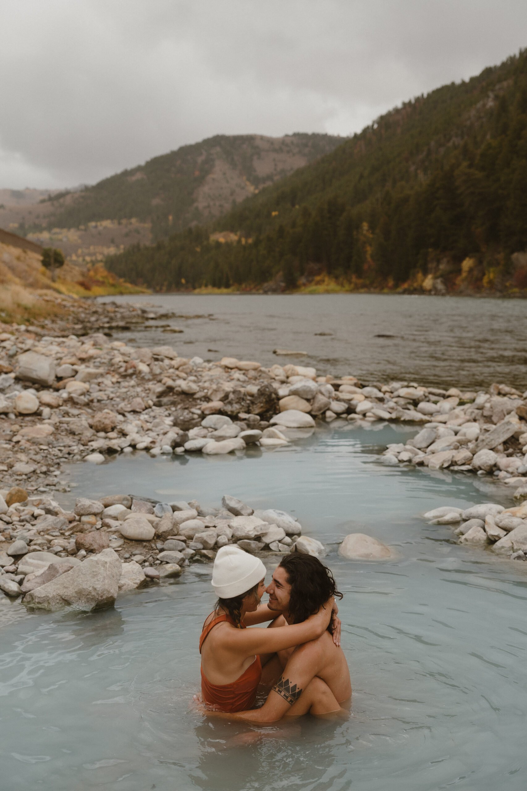 Couple in hot springs in Jackson, Wyoming