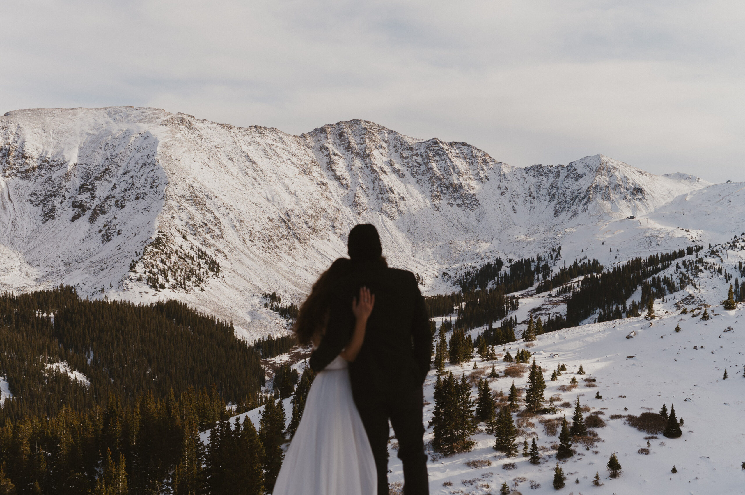 Wedding couple standing looking out over snow caps